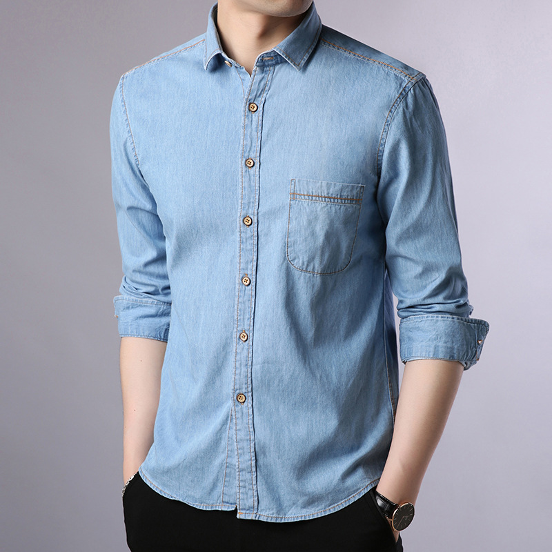 2018春秋新款男式纯棉长袖衬衫韩版修身青年修身男装衬衣牛仔风潮