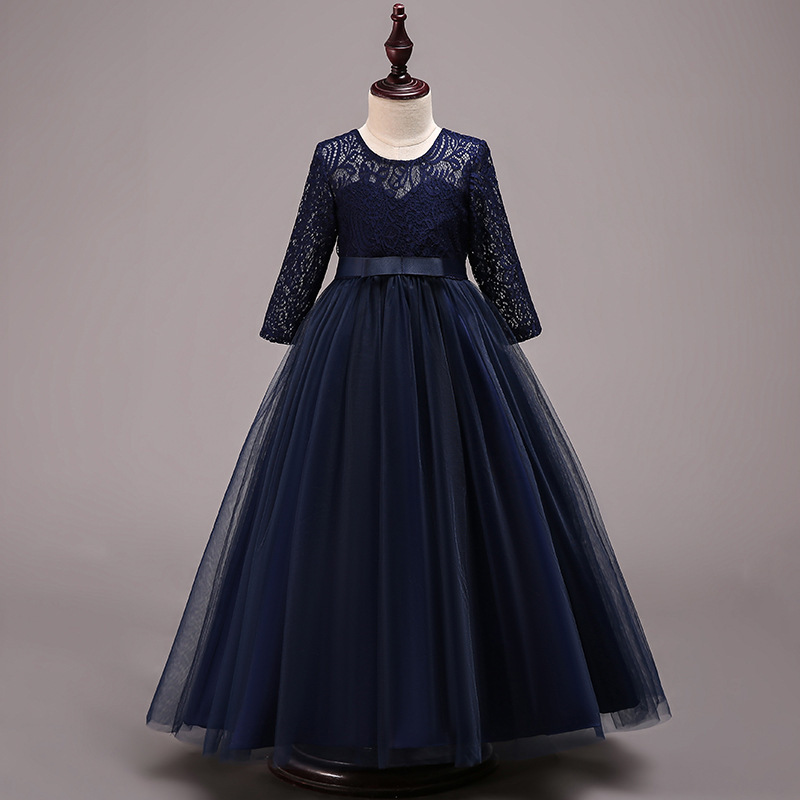 New Children's Dress Princess Dress Large Children's Lace Wedding Dress Long Piffy Dress Long Sleeve Dress