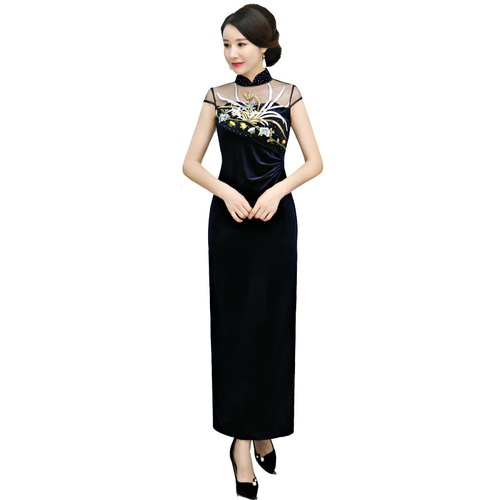 Chinese Dress Qipao for women Golden velvet cheongsam long embroidery gauze sexy velvet cheongsam skirt standing collar cheongsam dress