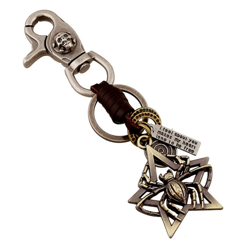 Metal accessory, retro woven leather keychain, European style, punk style, genuine leather