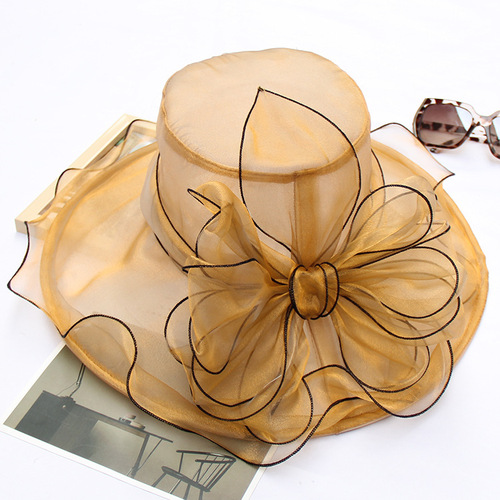 新款夏季防紫外线欧根纱太阳帽欧美女大沿蝴蝶结网纱遮阳帽子