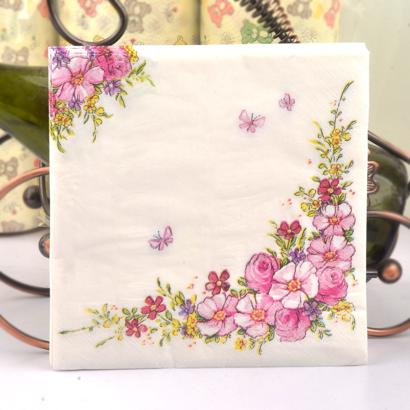 Diagonal flower printed napkin pink placemat paper wine glass flower arrangement facial tissue wedding restaurant hotel paper mouth cloth