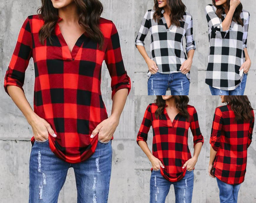 Blusas Camisa A Cuadros De Mujer Camisa Cuello V Camisa Negra Y Roja De Ladie Top De Algodón Camisa A Cuadros De Las Mujeres Tops Blusa Informal De 8,66 € DHgate