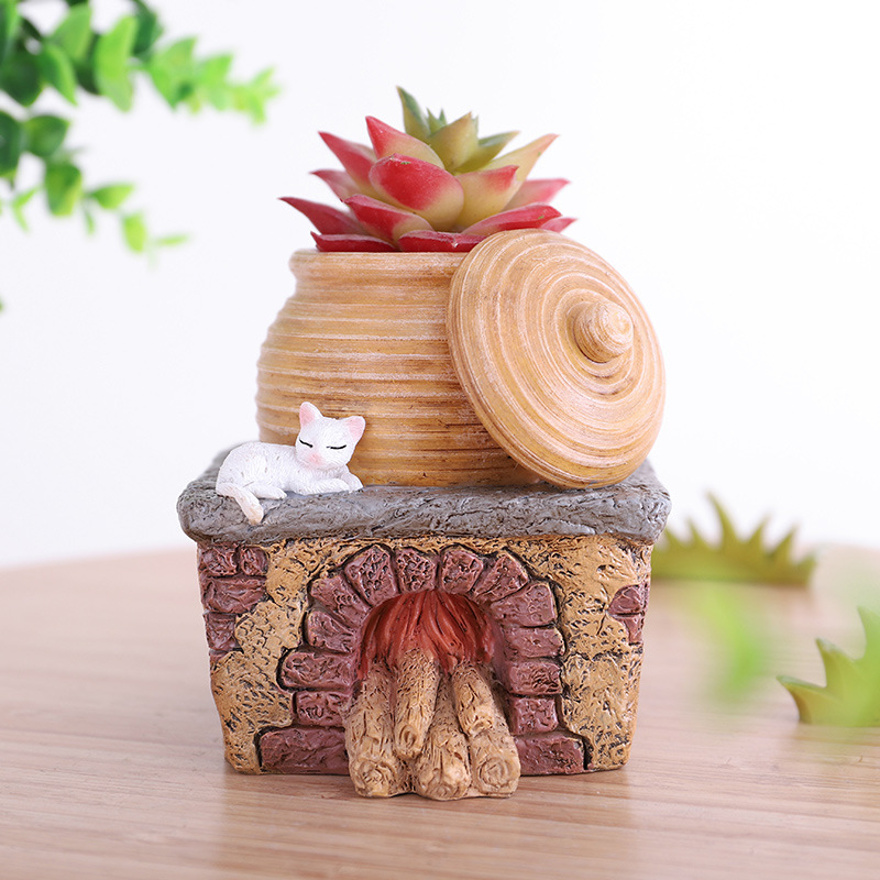 Chậu Cây Resin Chậu cây resin hình bếp nông trại vintage, chậu mọng nước mini DIY, trang trí nhà và sân vườn (RG-269)