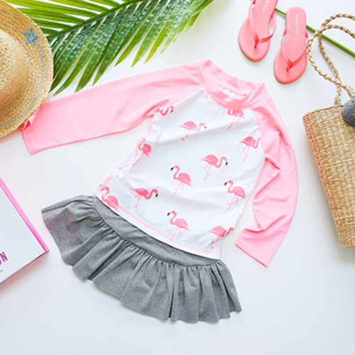2020 New Girls Swimsuits for Big Children, Baby Children, Sun Protection Long Sleeve Girls Split Skirt Flamingo Swimsuit