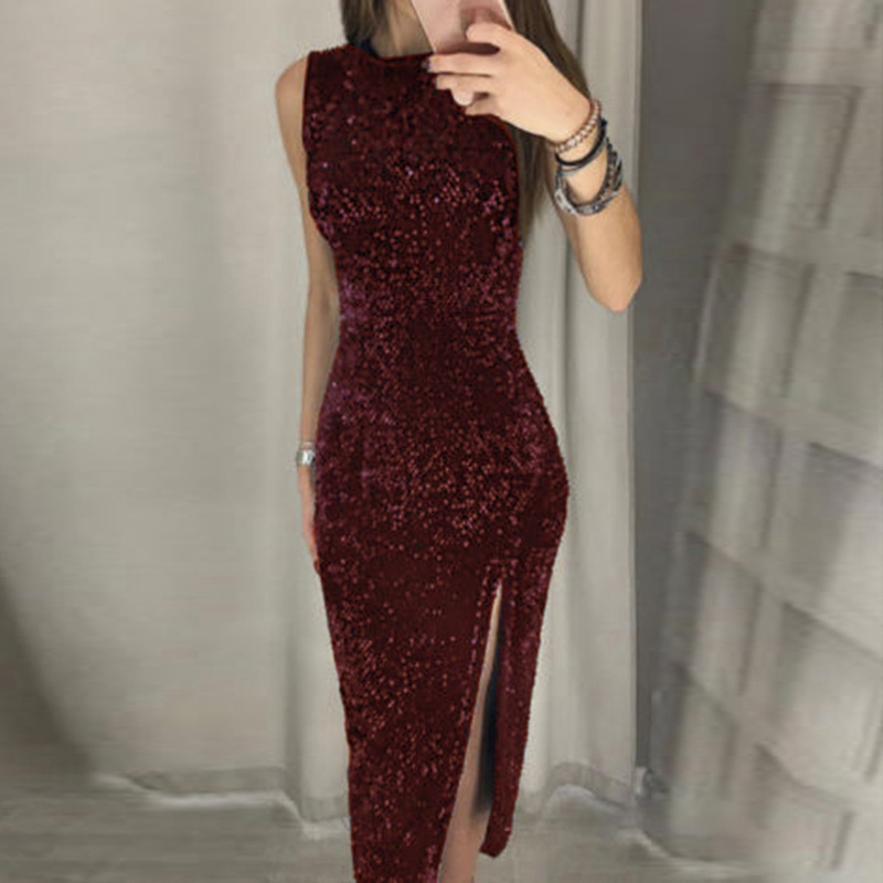 Sleeveless Crew Neck All Over Sequin Midi Dress, Velvet Base High Side Split Asymmetrical Hem Bodycon Cocktail Party Dress 4 Colors_ecoleips.com