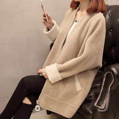 Amazon Korean version 2019 Autumn and winter new pattern Mink hair overcoat Thick cardigan Turn cuff Color matching Large coat jacket