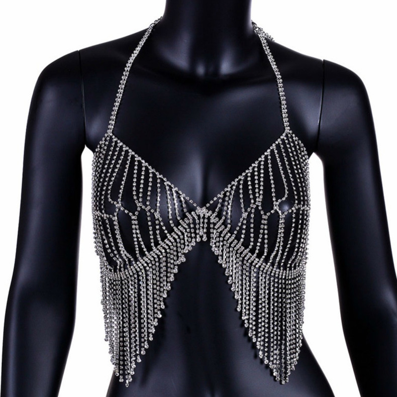 Sexy Beach Ornament Diamond Tassel Body Cha Bikini Chest Necklace Rhinestone Underwear Bra in Accessories