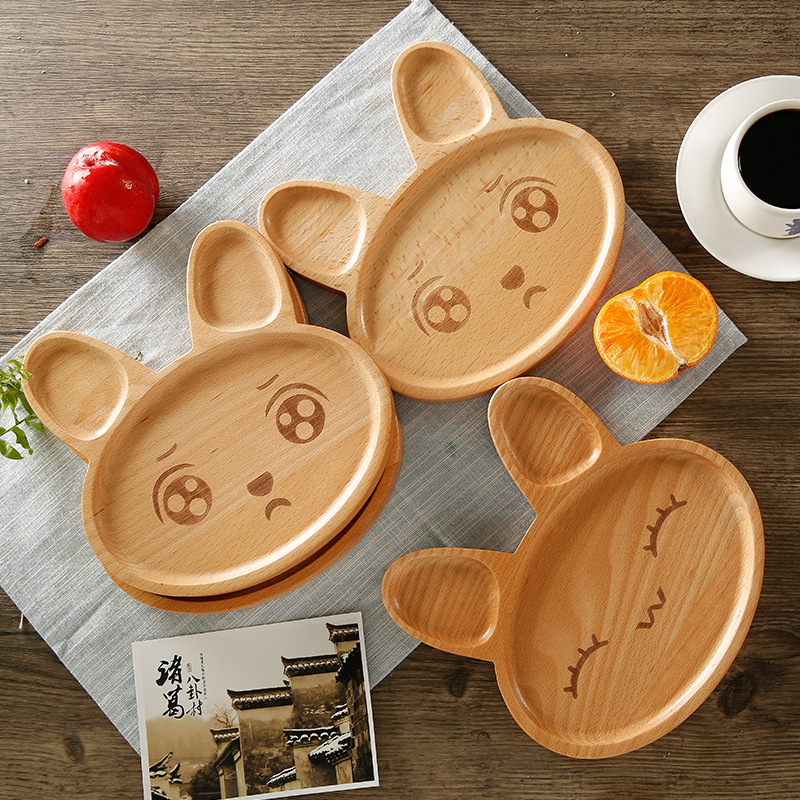 木质儿童餐盘 喜怒哀乐兔宝宝分格榉木早餐盘 创意餐具饭盘点心盘