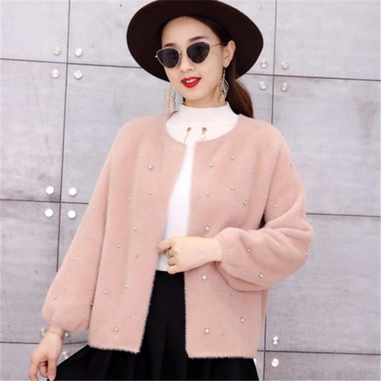 歐洲站2018秋冬新款女甜美釘珠開衫針織外套短圓領仿水貂絨短