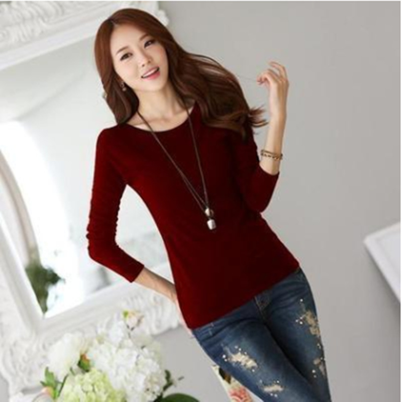 A Generation Of Pure Color Plus Velvet Thick Long-sleeved Bottoming Shirt For Women Autumn And Winter Round Neck T-shirt Slim-fitting Thermal Underwear