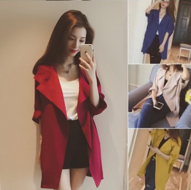 外贸跨境批发2022新款韩版宽松中长款外套大翻领七分袖开衫风衣女