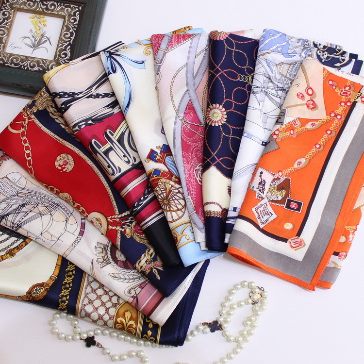 丝巾批发出国送礼回礼真丝跨境秋冬装饰素绉缎53cm花卉领巾小方巾|ms