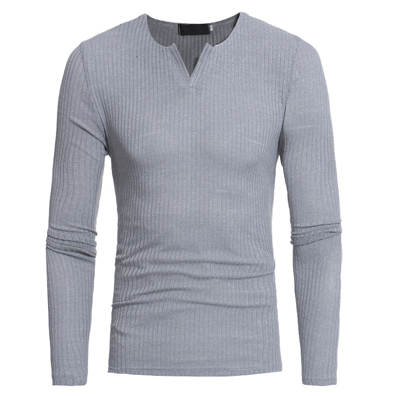 T-shirt da uomo con scollo a V a righe verticali a maniche lunghe lavorata a maglia sottile_voghion.com