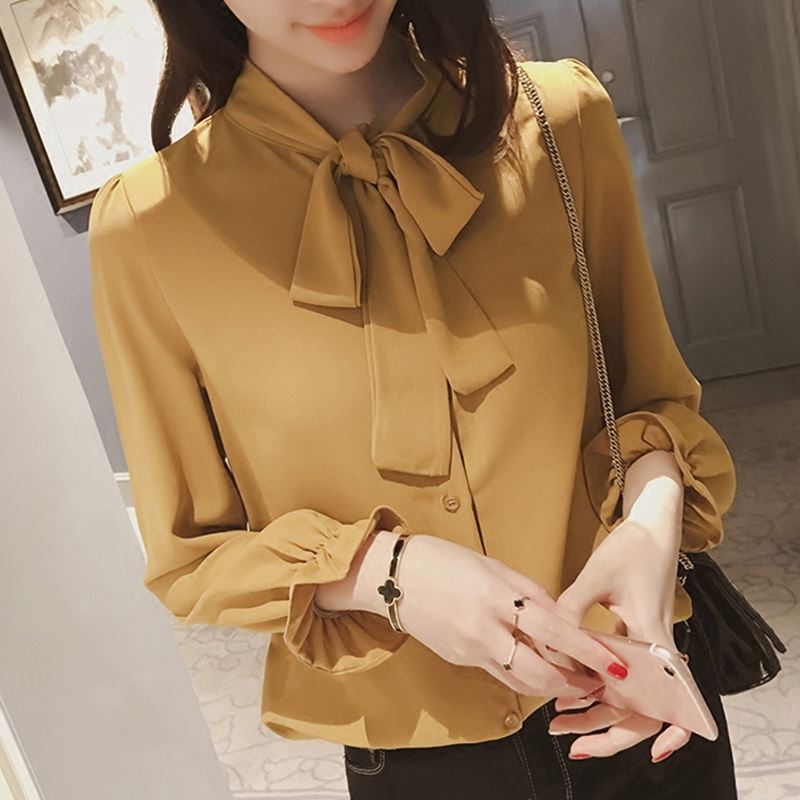 2019 Spring bishop sleeve shirt Korean Edition Versatile Easy bow jacket Frenum Chiffon shirt Long sleeve