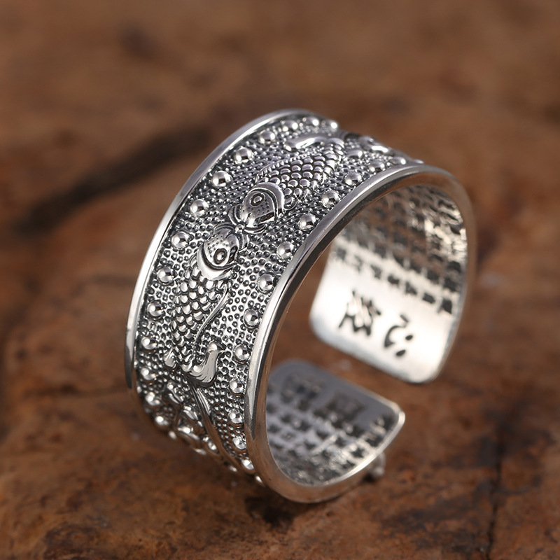 批发999足银饰品男女双鱼心经纯银开口戒指泰银复古刻字经文指环
