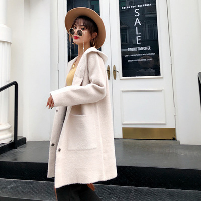 仿水貂絨外套女中長款2018秋冬新款針織毛衣開衫加厚韓版寬松大衣