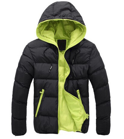 Men Hooded Cotton Padded Jacket Black Lime Green