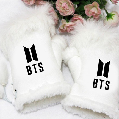 BTS同款防弹少年团LOGO标志韩版可爱情侣学生鹿皮半指手套女冬