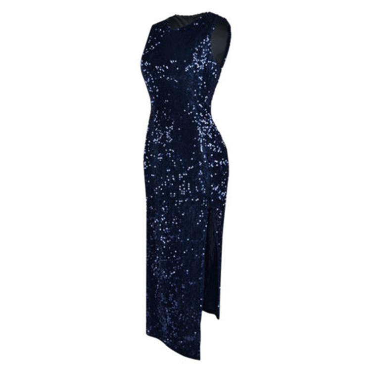 Sleeveless Crew Neck All Over Sequin Midi Dress, Velvet Base High Side Split Asymmetrical Hem Bodycon Cocktail Party Dress 4 Colors_ecoleips.com