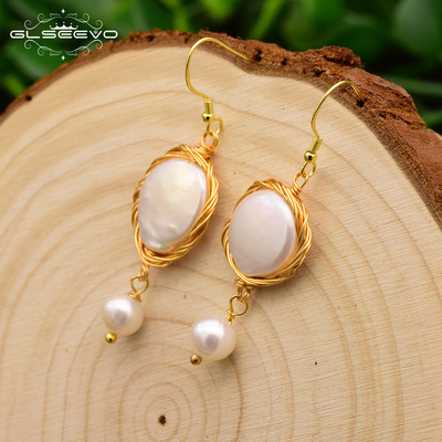 GLSEEVO Original 925 Tremella hook natural Pearl Gold-plated manual Winding Drop Earrings Jewelry customized