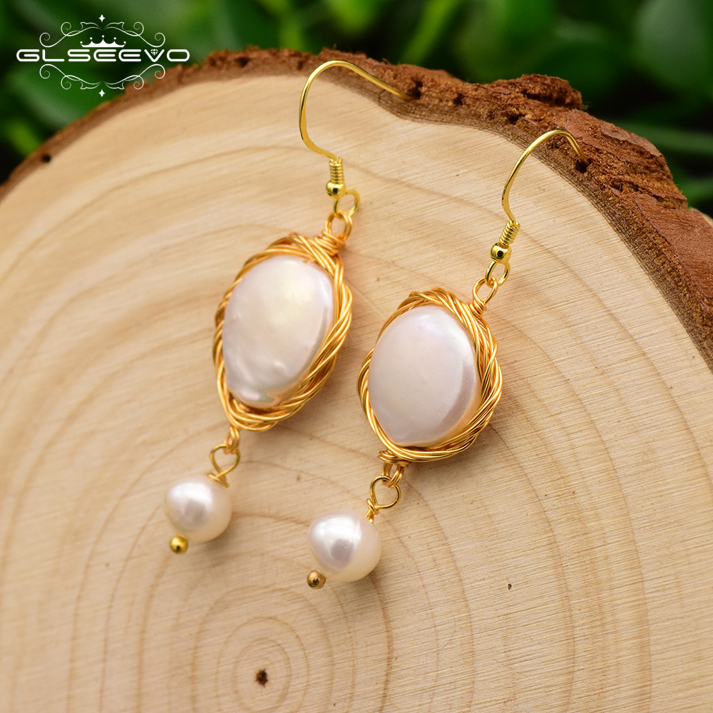 GLSEEVO Original 925 Tremella hook natural Pearl Gold-plated manual Winding Drop Earrings Jewelry customized