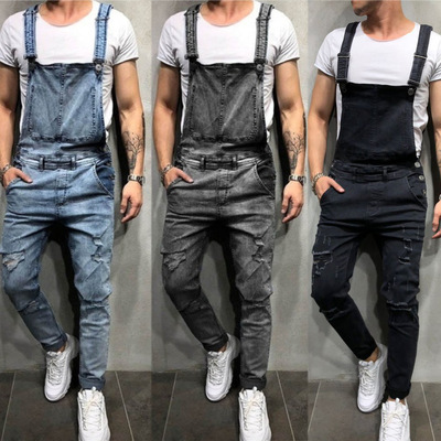 Wish fashion man camisole Denim Even Tear Jeans trousers Popular Popular coverall