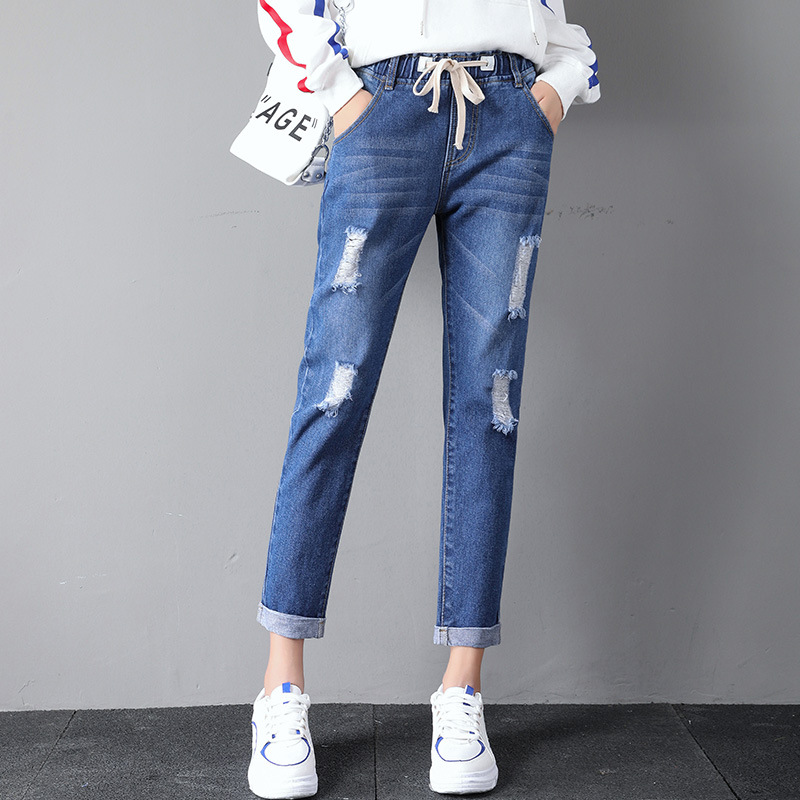 学生韩版松紧腰破洞牛仔裤女宽松磨破BF乞丐胖MM阔腿哈伦裤潮款