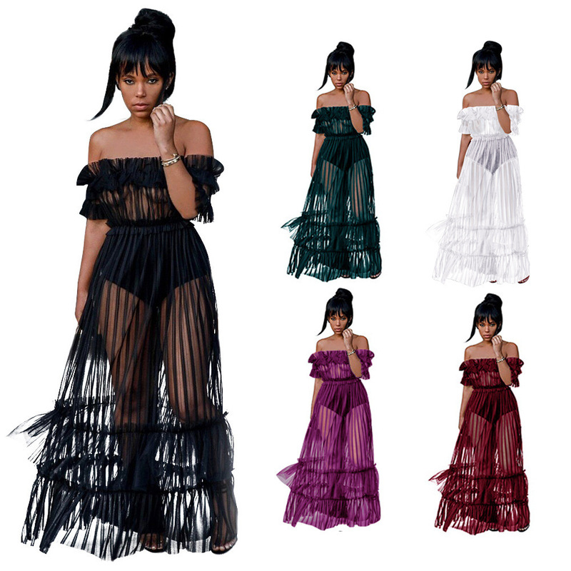 2019 Amazon New Style off-shoulder Sexy Mesh Dress Women Long Dress Evening Dress