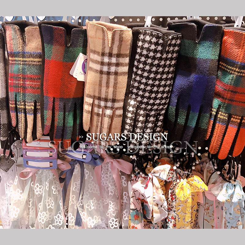 3842 日單定制款大格子羊毛羊絨千鳥格保暖加暖手套觸屏