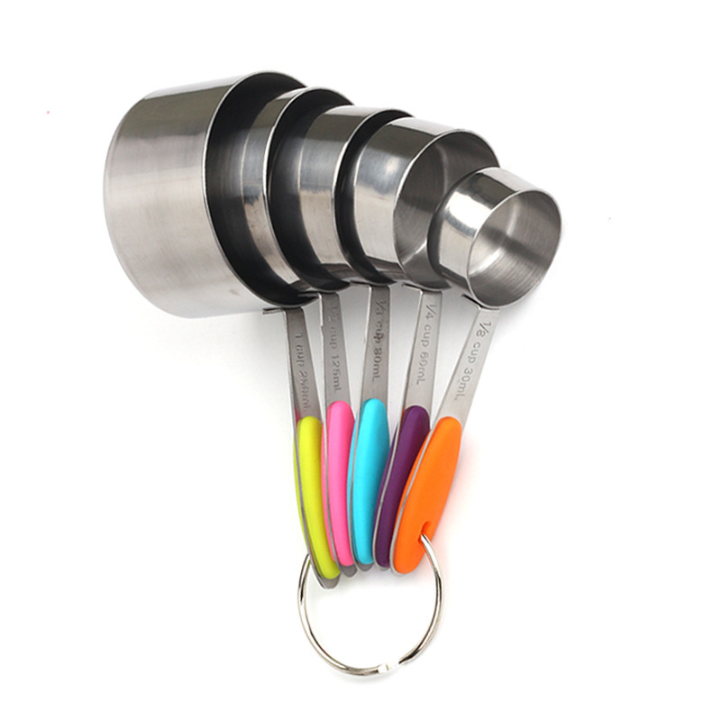 现货硅胶隔热不锈钢手柄量杯五件套装 蛋糕烘培量杯烘培工具