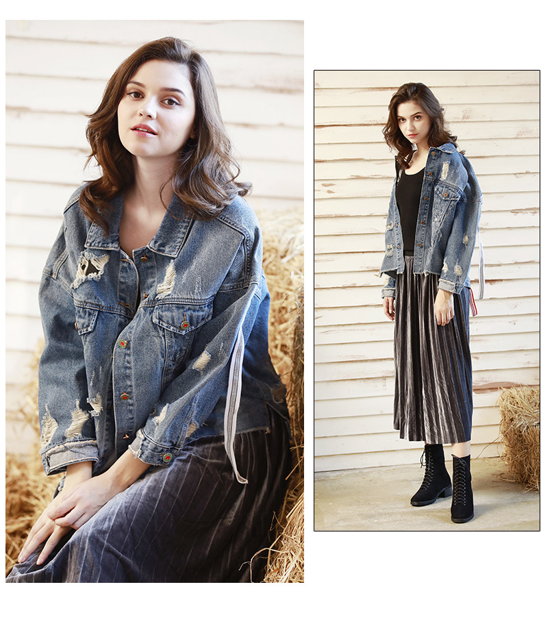 Loose Denim Ribbon Ripped Jacket NSDT12495