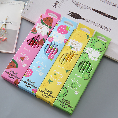 Cartoon 12 boxed pencils creative pencil fruit design primary school students HB pencil with eraser children's gift