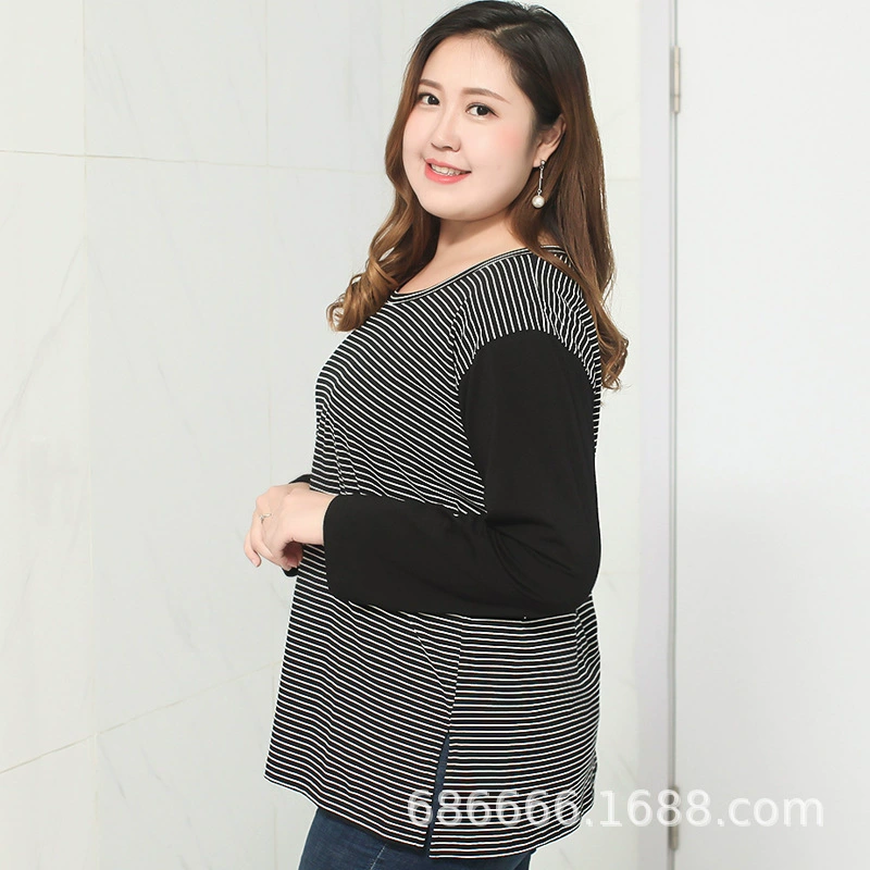 2018 Осенняя Женская свободная хлопковая Футболка больших размеров с длинным низом в тонкую полоску, черная футболка с длинным рукавом, поколение волос