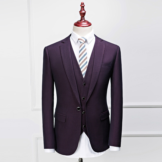 Bridegroom suit men’s three piece wedding dress best man small suit slim business professional suit purple