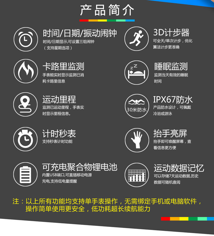 Charging, step counting, raising the hand to light up the screen, vibration, silent alarm, sleep calorie measurement, smart sports watch source factory details Picture