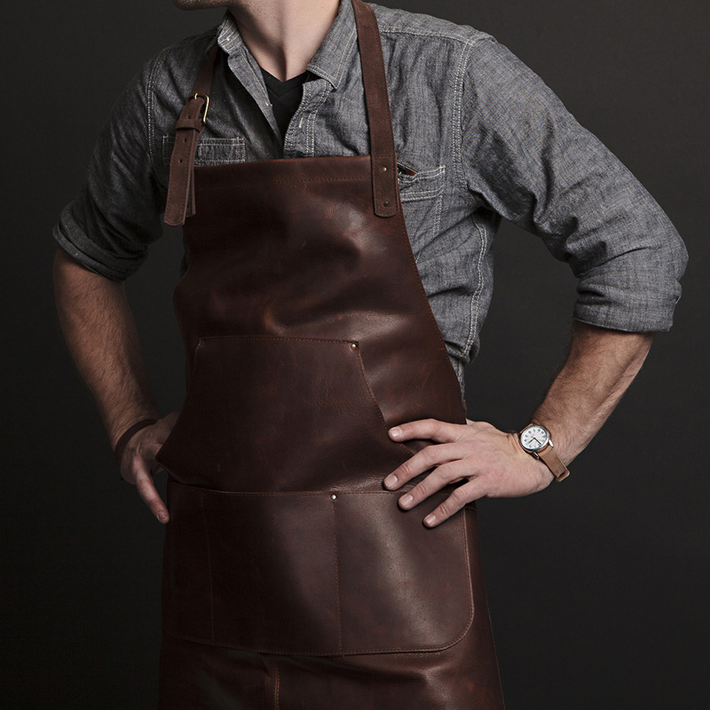 复古皮革工作围裙可调节颈带两个前袋工业围裙咖啡厨房围裙