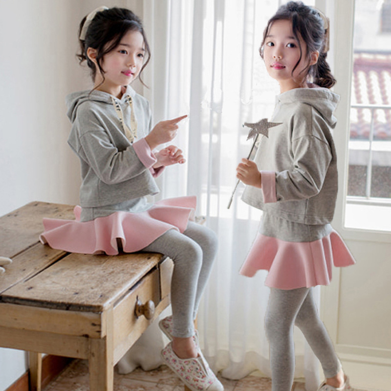 女童运动套装儿童假三件2022韩国童装春秋棉质卫衣连帽服装中大童