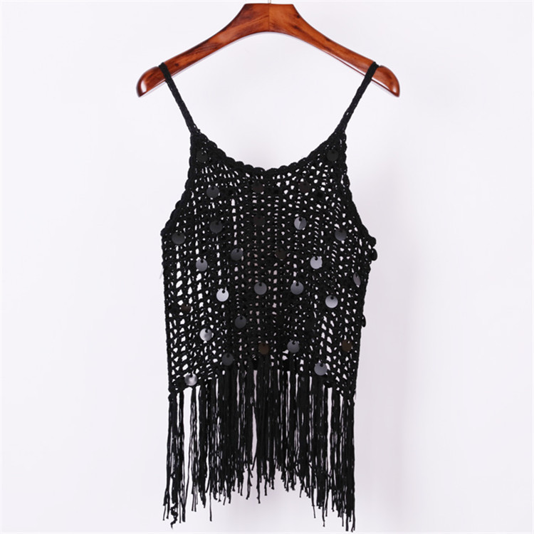 2018夏裝新款女裝鏤空亮片手勾針織罩衫時尚流蘇性感吊帶背心女