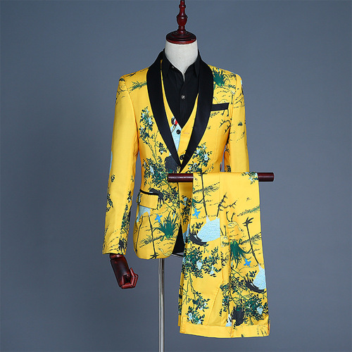 men's jazz dance suit blazers Men suit and waistcoat three piece performance suit yellow printing crane dress men suit studio theme