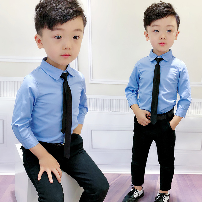 春秋款韓版休閑童裝英倫風男童藍色襯衫加厚兒童長袖休閑翻領棉