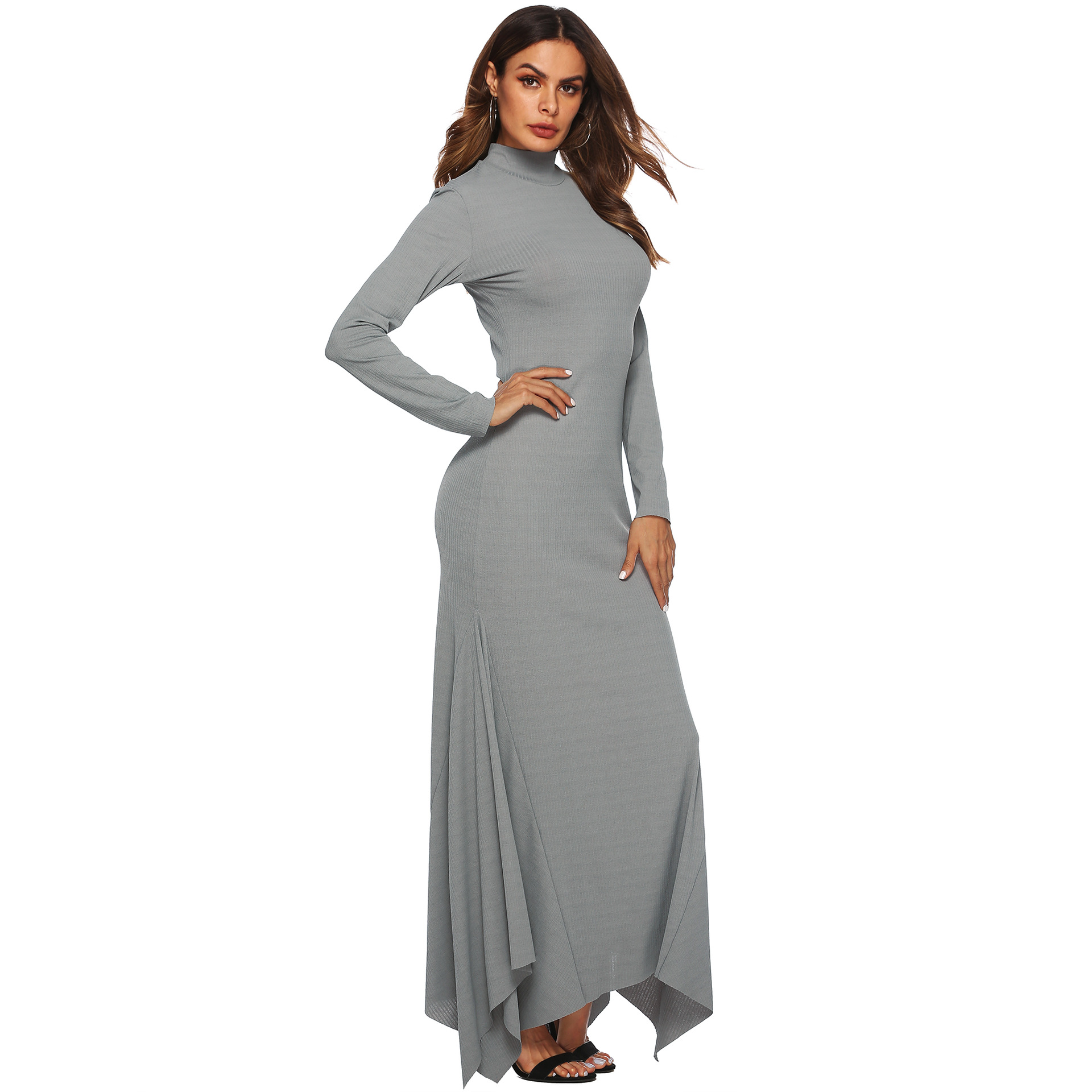 high elastic ribbed turtleneck irregular dress  NSOY45981