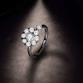 韩版时尚潮流新品个性花朵开口镶钻淑女戒指可调节女性百搭指环