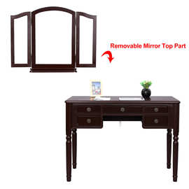 欧式实木腿梳妆台卧室现代简约小户型化妆桌大容量三镜多抽棕色