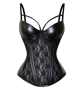 New European and American sexy underwear waist gathered Garter sexy lace PU leather stitching foreign trade spot wholesale