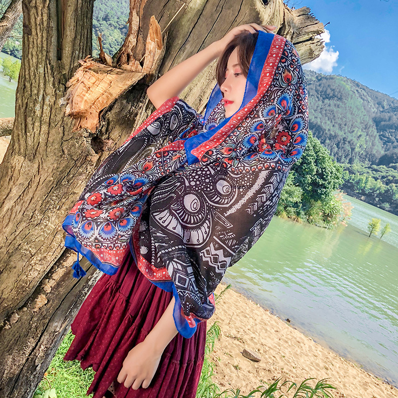 民族风棉麻围巾批发 旅游拍照防晒披肩 复古印花流苏围巾厂家直销|ms
