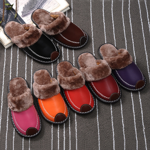 Thermal Cotton Slippers Winter Indoor Thick Sole Home Shoes Korean Style Wool Slippers for Men and Women Couples Leather Slippers Factory Wholesale