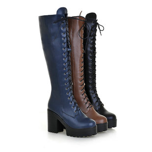 High heel women's boots high boots side zipper boots long boots lace-up chunky heel Martin boots plus size shoes hair generation