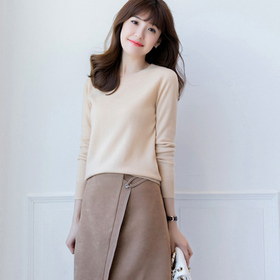 2019冬季新款圆领山羊绒衫女韩版百搭打底针织衫纯色套头长袖毛衣