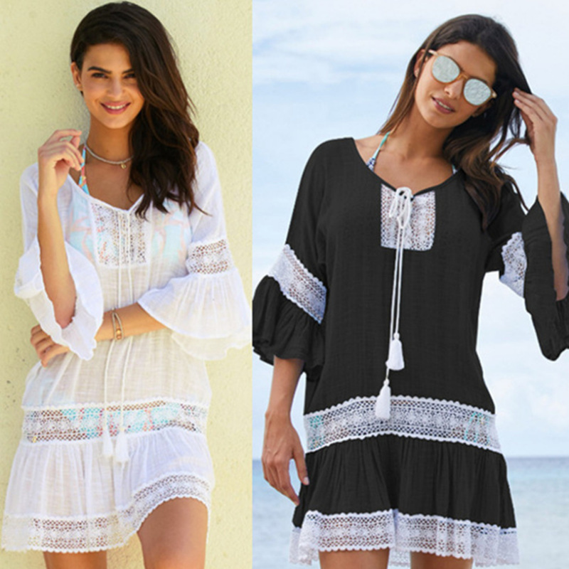 外贸欧美竹节布花边抽绳喇叭袖沙滩裙比基尼外罩衫海边度假防晒衫